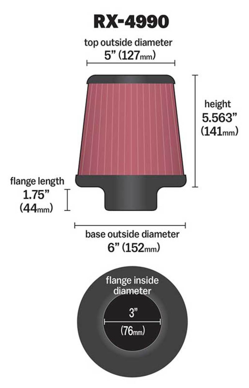 K&N Filter Universal X Stream Clamp-On 3 inch Flange 6 inch Base 5 inch Top 5 9/16 inch Height