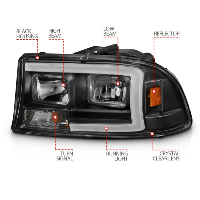 ANZO 97-04 Dodge Dakota/Durango Crystal headlight Set w/ Light Bar Black Housing