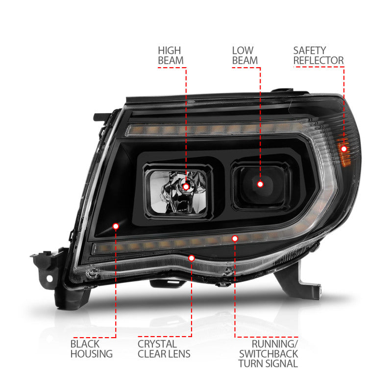 ANZO 05-11 Toyota Tacoma Projector Headlights w/Light Bar Switchback Black Housing